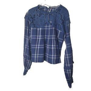 Free People Womens Size Small Blue Plaid‎ Darling Diana Long Sleeve Shirt